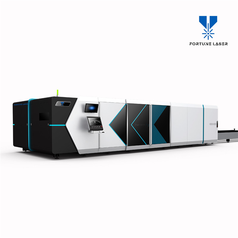Fortune Laser high-power fiber laser cutting machine 6KW-20KW, is equipped with world leading fiber laser source which generates powerful laser that focuses on the objects and lead to instant melting and evaporation. Automatic cutting is controlled by numerical control system.